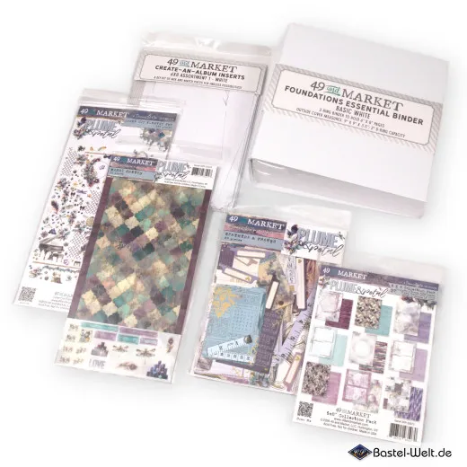 Produktübersicht des 49 and Market Plume & Petal Bundles mit Papieren, Stanzteilen und Ordner