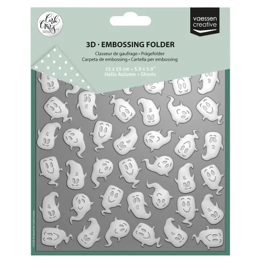 Verpackung des Vaessen Creative 3D-Prägefolders 'Ghosts' von Carla Creates mit geprägtem Geister-Muster, 15x15 cm