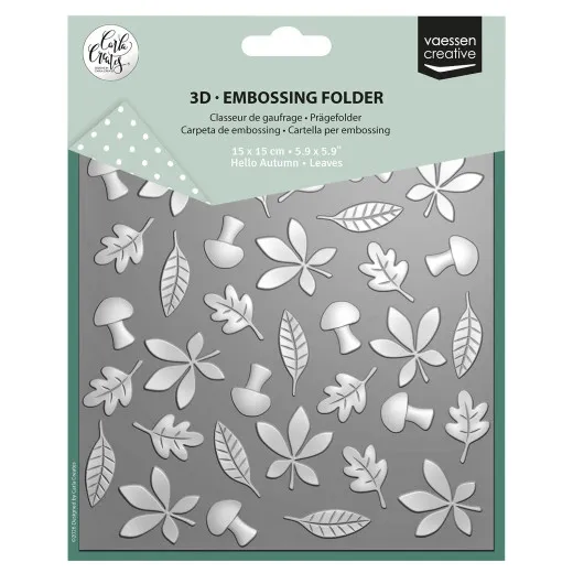 Verpackung des Vaessen Creative 3D-Prägefolders 'Leaves' von Carla Creates mit geprägtem Blätter- und Pilzmuster, 15x15 cm