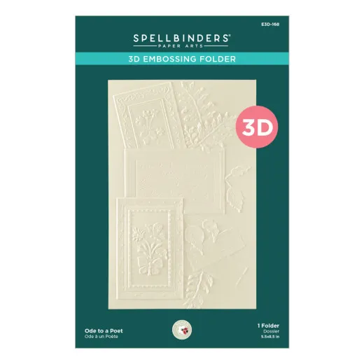 Verpackungsvorderseite mit geprägtem Motiv aus Bilderrahmen, handschriftlichem Brieftext und Farnzweigen in Cremeweiß, Ode to a Poet
