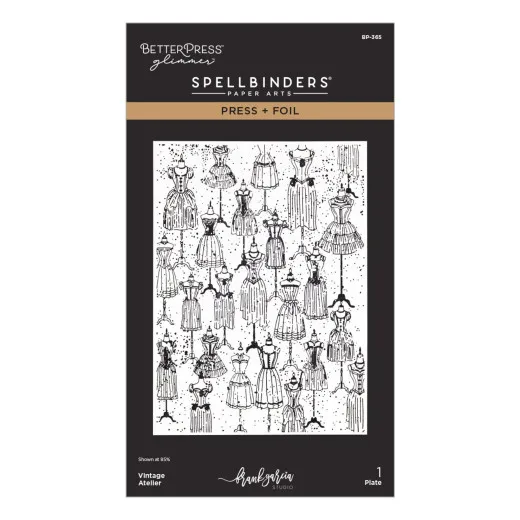 Verpackungsvorderseite mit Press-&-Foil-Platte im Muster aus Vintage-Schneiderpuppen und Kleidern in Schwarz-Weiß