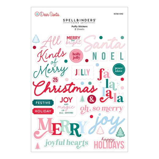 Stickerbogen mit puffigen Schriftzügen wie „Christmas“, „Merry“ und „Joy“ in Weihnachtsfarben