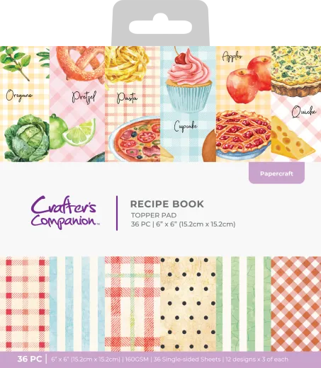Verpackung des Crafter's Companion Recipe Book 6x6 Topper Pads mit Küchenmotiven wie Pretzel, Cupcake und Karo-Mustern