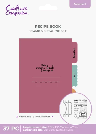 Rosa Rezeptbuch-Cover mit Registerlaschen 'Breakfast', 'Lunch' und 'Dinner' sowie Stempelabdruck 'This recipe book belongs to'.