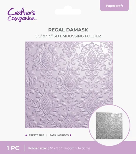 Verpackung des Crafter's Companion 3D-Prägeordners Regal Damask mit geprägter Damastmuster-Musterkarte