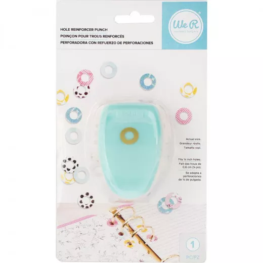 We R Memory Keepers Reinforce Hole Punch in Türkis mit weißer Basis, goldener Lochform und Verpackung mit Musterbeispielen