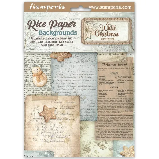 Verpackung der Stamperia Reispapier-Hintergründe A6 White Christmas mit 8 bedruckten Bogen in Vintage-Schriftoptik.