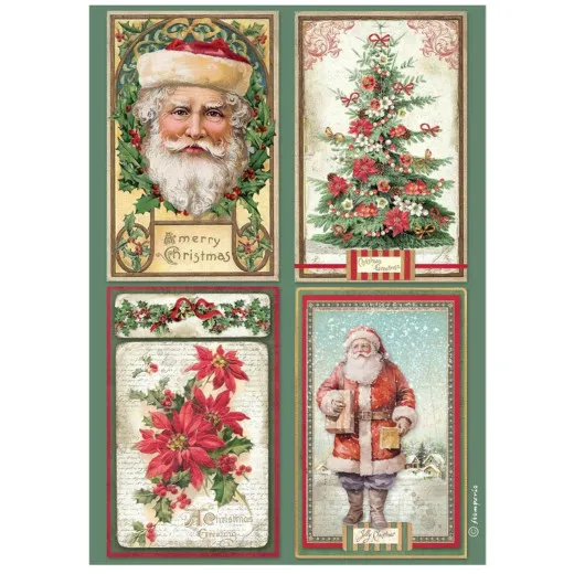 Reispapierbogen mit vier Vintage-Bildkarten: Weihnachtsmann-Porträt "Merry Christmas", geschmückter Baum, Weihnachtsstern-Motiv und Weihnachtsmann mit Laterne.