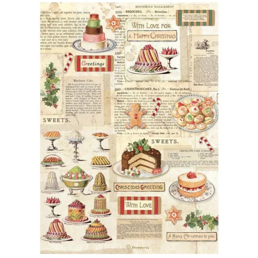 Reispapiermotiv einer Vintage-Rezeptcollage mit Torten, Gebäck und Süßspeisen-Illustrationen.