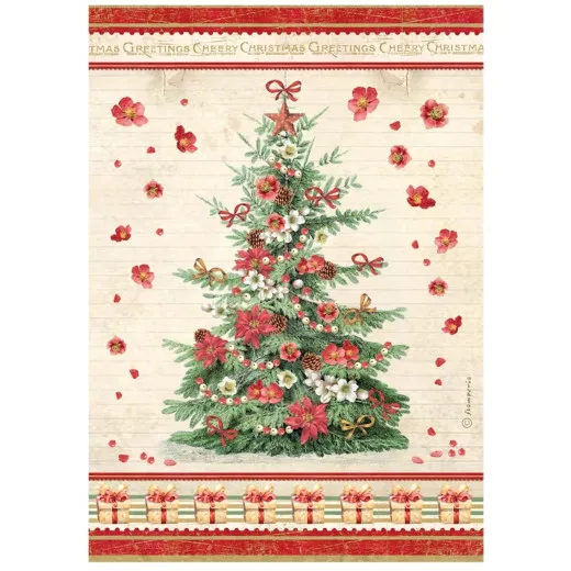 Reispapiermotiv eines geschmückten Weihnachtsbaums mit Weihnachtssternen und roten Schleifen im Vintage-Stil.