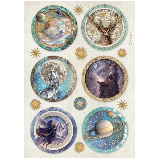 A4-Reispapier mit sechs runden Motiven: Planeten, Hirsch, Wolf, Hexe, Pegasus-Reiterin und Saturn