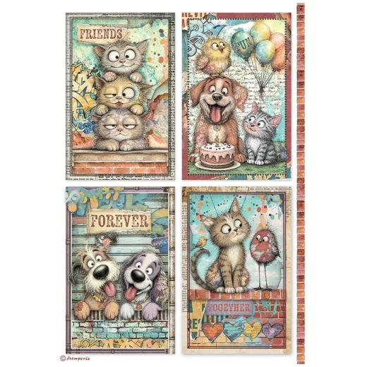 A4-Reispapier mit vier Kartenmotiven: Friends-Katzen, Hund mit Torte, Forever-Hunde und Together-Katze
