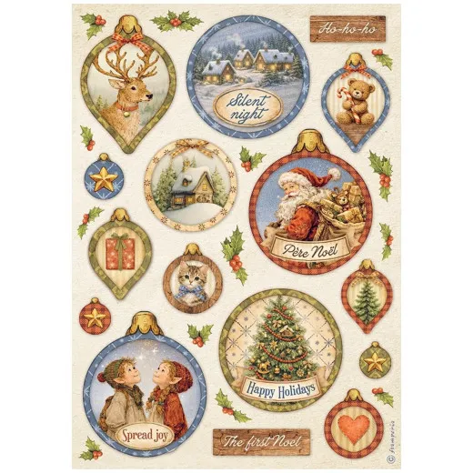 Reispapiermotiv mit runden Bildmedaillons weihnachtlicher Ornamente wie Rentier, Weihnachtsmann und Teddy.