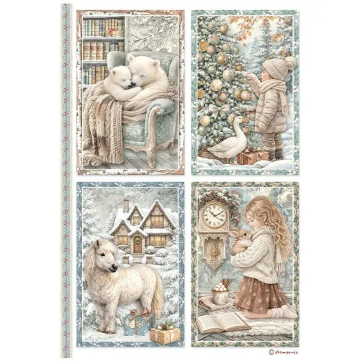 Reispapierbogen mit vier Bildmotiven: Eisbären im Sessel, Junge am Weihnachtsbaum mit Gans, Winterhaus mit Pony und Mädchen an der Kuckucksuhr.