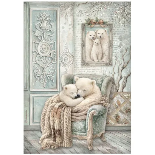 Reispapiermotiv einer kuschelnden Eisbärenfamilie im gerahmten Bild vor winterlich verziertem Wandpaneel.