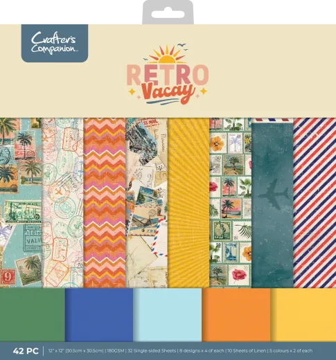 Verpackung des Retro Vacay 12x12 Paper Pads mit Vorschau der 8 Designs aus Palmen, Postkarten, Streifen und Briefmarkenmuster plus Leinenkarton-Farben.