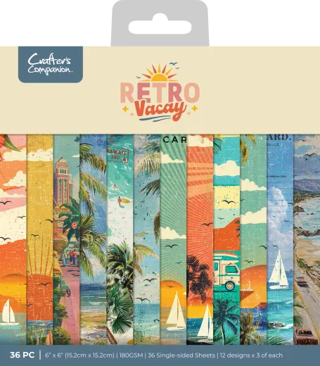 Verpackung des Crafter's Companion Retro Vacay 6x6 Paper Pads mit Vintage-Reisemotiven wie Palmen, Segelbooten und Postkarten