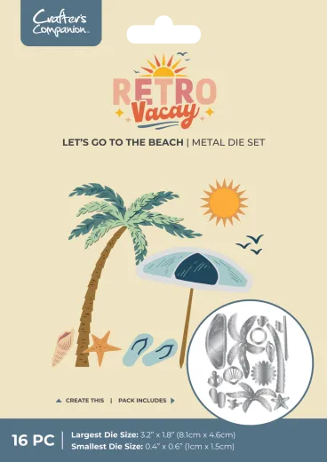 Verpackung der Retro Vacay Strandszene-Stanzschablone mit Palme, Sonnenschirm, Muschel, Seestern und Flip-Flops.