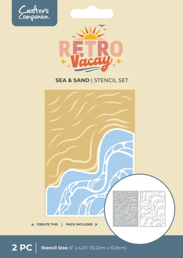 Verpackung des Retro Vacay Sea & Sand Schablonen-Sets mit Motivvorschau aus wellenförmigem Sandmuster und Meereswellen in Beige und Blau.