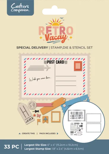Verpackung des Retro Vacay Special Delivery Sets mit fertiger Postkarten-Karte "Wish you were here" und Gepäckanhängern.