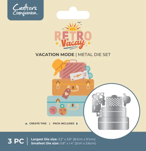 Verpackung der Retro Vacay Vacation Mode Stanzschablone mit fertiger Karte, die drei gestapelte Koffer mit Sonnenhut und Flugticket zeigt.