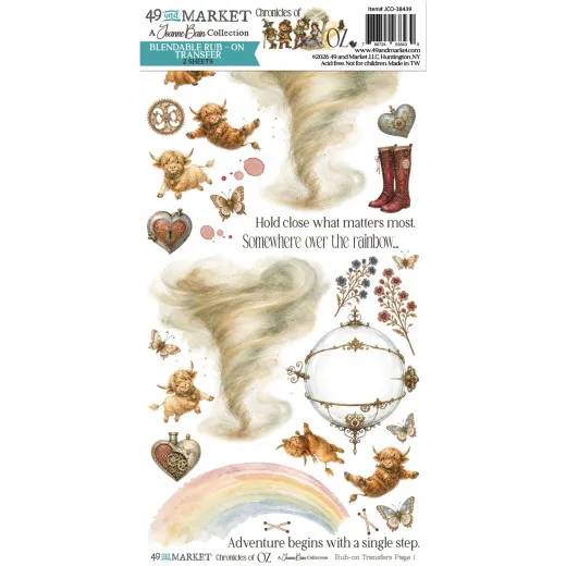 Rub-On-Bogen mit Tornado, fliegender Kuh, roten Stiefeln, Regenbogen und Somewhere over the rainbow