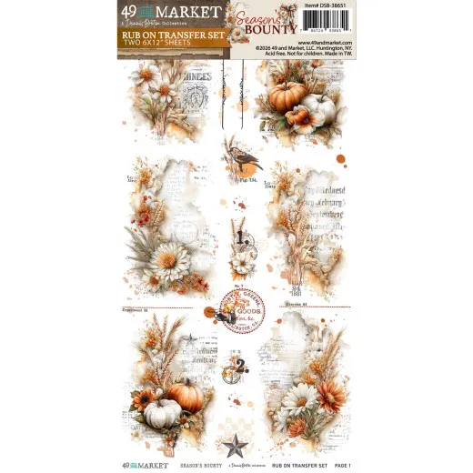 Rub-On-Bogen Essential mit Blumenarrangements aus Kürbissen, Sonnenblumen, Weizen und Vintage-Poststempeln