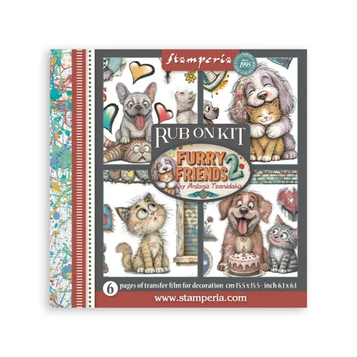 Verpackung des Rub-On Kits Furry Friends 2 mit Bulldogge, Katzen, Hunden und Geburtstagstorte