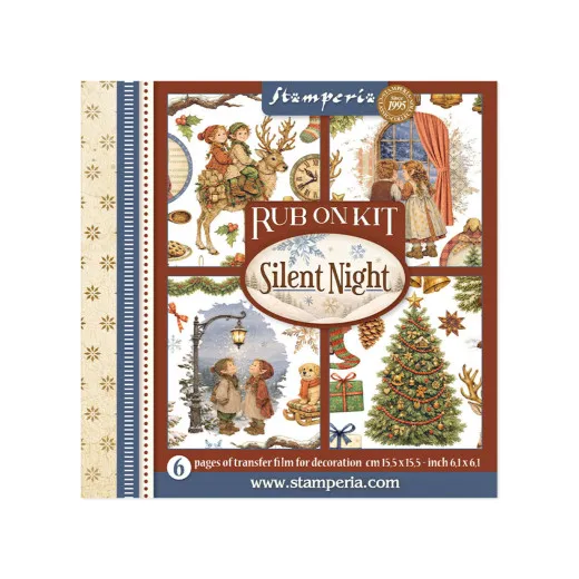 Verpackung des Stamperia Rub-on Kits Silent Night mit 6 Transferfolien-Seiten, Motive: Rentier mit Kindern, Uhr, Straßenlaterne und Weihnachtsbaum.