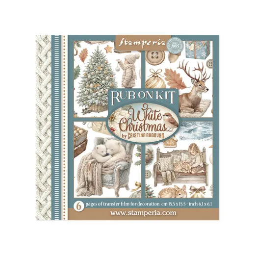 Verpackung des Stamperia Rub-on Kits White Christmas mit 6 Transferfolien-Seiten, Motive: Weihnachtsbaum, Hirsch, Eisbären und Mädchen auf Bank.