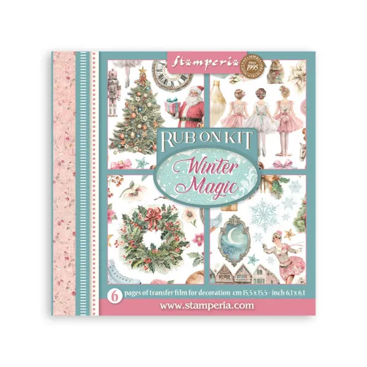 Verpackung des Stamperia Rub-on Kits Winter Magic mit 6 Transferfolien-Seiten, Motive: Weihnachtsbaum mit Nussknacker, Ballerinas und Kranz.