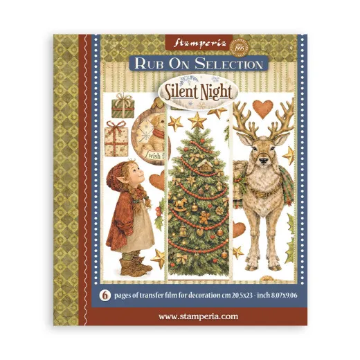 Verpackung der Stamperia Rub-on Selection Silent Night mit 6 Transferfolien-Seiten, Motive: Elfenmädchen, Weihnachtsbaum und Rentier.