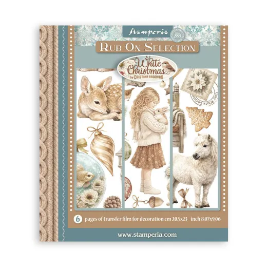 Verpackung der Stamperia Rub-on Selection White Christmas mit 6 Transferfolien-Seiten, Motive: Reh, Mädchen mit Kaninchen, Pony und Ornamente.