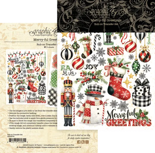 Graphic 45 Rub-On Transfer Set Merry-ful Greetings mit 2 Bögen: Nussknacker, Weihnachtskugeln, Schneemänner, Strümpfe, Karomuster in Rot, Grün und Schwarz-Weiß, Holzspatel zum Übertragen