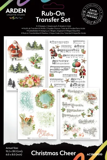 Verpacktes Rub-On-Transfer-Set mit Weihnachtsmann, Notenblatt, Tannenkranz und Engel-Motiven, acht Bögen