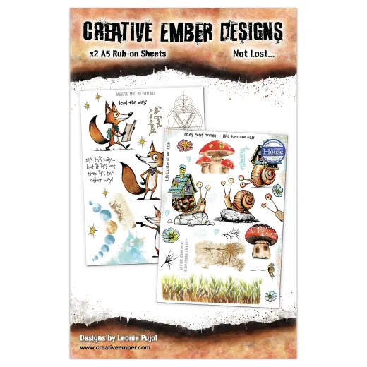 Zwei A5 Rub-On Bögen The Travelers von Creative Ember Designs mit Füchsen, Schnecken und Pilzen