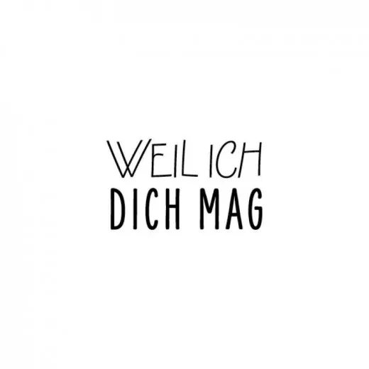 Runder Holzstempel Weil ich dich mag von Blau in Gelb mit Motivabdruck