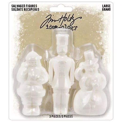 Tim Holtz Salvaged Figures Large Set mit 3 weißen Harzfiguren: Weihnachtsmann, Spielzeugsoldat, Schneemann in Verpackung