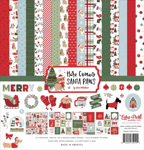Echo Park Santa Paws Collection Kit mit 13 Bögen Designpapier in Rot, Grün, Hellblau und Creme, Hunde-Motive mit Weihnachtsmützen, Stickerbogen