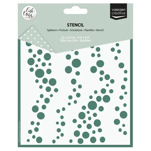 Verpackung der Vaessen-Schablone Bubbles 15 x 15 cm mit Muster aus aufsteigenden Blasen