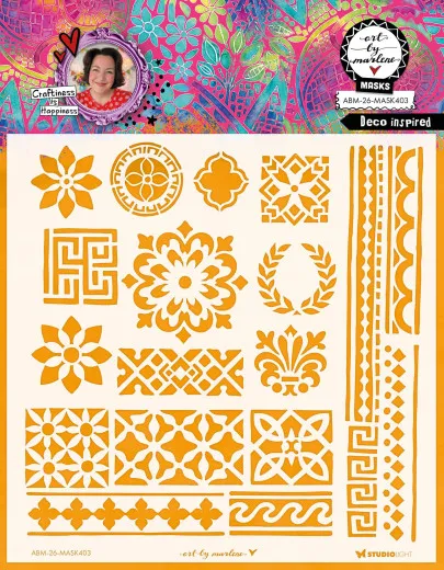 Orangefarbene Schablone mit Art-déco-inspirierten Ornamenten, Bordüren und Blütenmotiven.