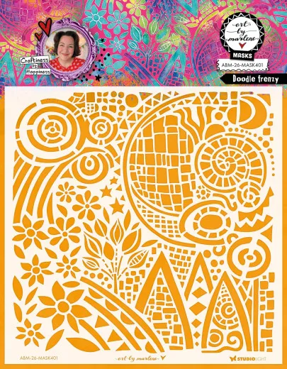 Orangefarbene Schablone mit großflächigem, abstraktem Doodle-Design aus Kreisen, Rasterstrukturen und Blüten.