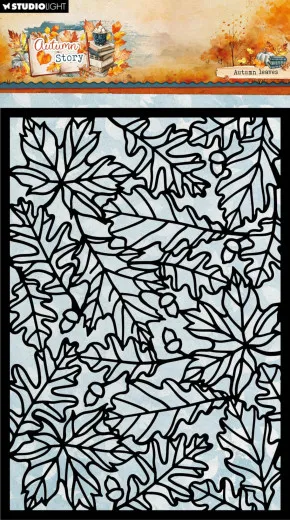 Pattern-Schablone mit großflächigem Ahorn- und Eichenblattmuster samt Eicheln, freigestellt auf hellblauem Hintergrund