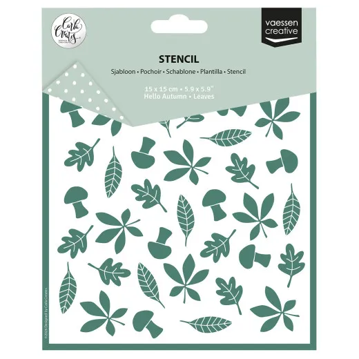 Verpackung der Vaessen Creative Schablone 'Leaves' von Carla Creates mit grünem Blätter- und Pilz-Muster, 15x15 cm