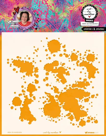 Orangefarbene Schablone mit Farbspritzer- und Klecks-Motiven für Mixed-Media-Projekte.