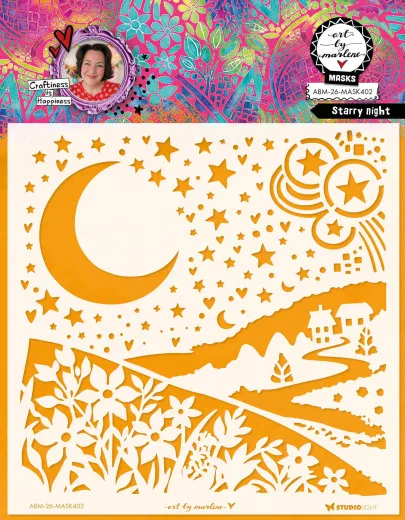 Orangefarbene Schablone mit Mond, Sternenhimmel und Blumenwiesen-Motiv.