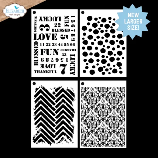 Schablonen-Set "Journal Stencils 11" mit vier Motiven: Wortcollage, Punkte, Zickzack und Damastmuster