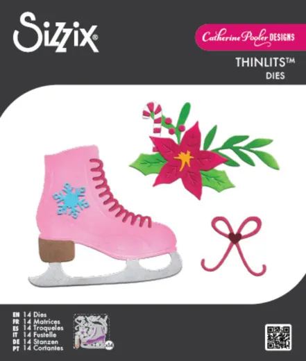 Farbige Stanzformen: rosa Schlittschuh mit Schneeflocke, Weihnachtsstern-Zweig mit Zuckerstange und pinke Herzschleife
