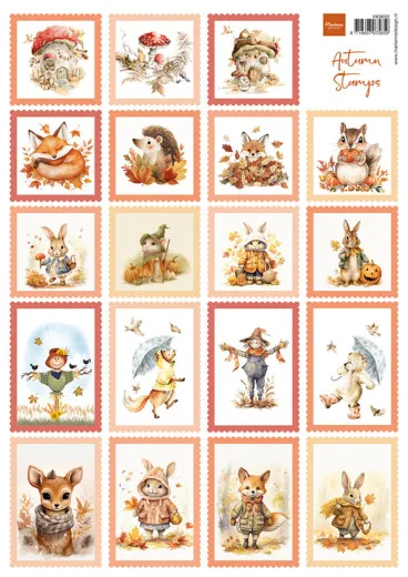 A4-Schneidebogen mit 20 herbstlichen Briefmarken-Illustrationen: Fliegenpilzhaus, Fuchs, Igel, Eichhörnchen, Vogelscheuche und verkleidete Tiere.