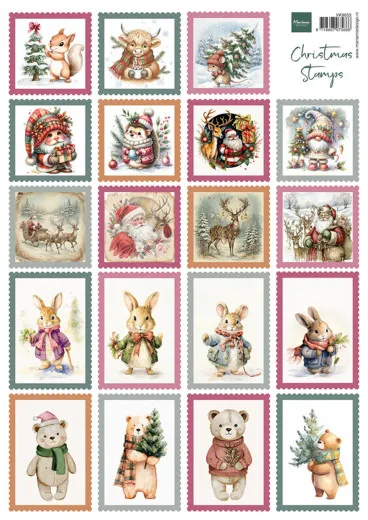 A4-Schneidebogen mit 20 vintage-weihnachtlichen Briefmarken-Illustrationen: Weihnachtsmann, Rentiere, Gnom, Teddybären und weitere Motive.